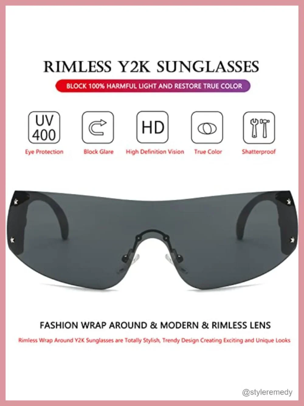 Oversized Y2K Rimless Wrap Around Sunglasses UV400 Protection